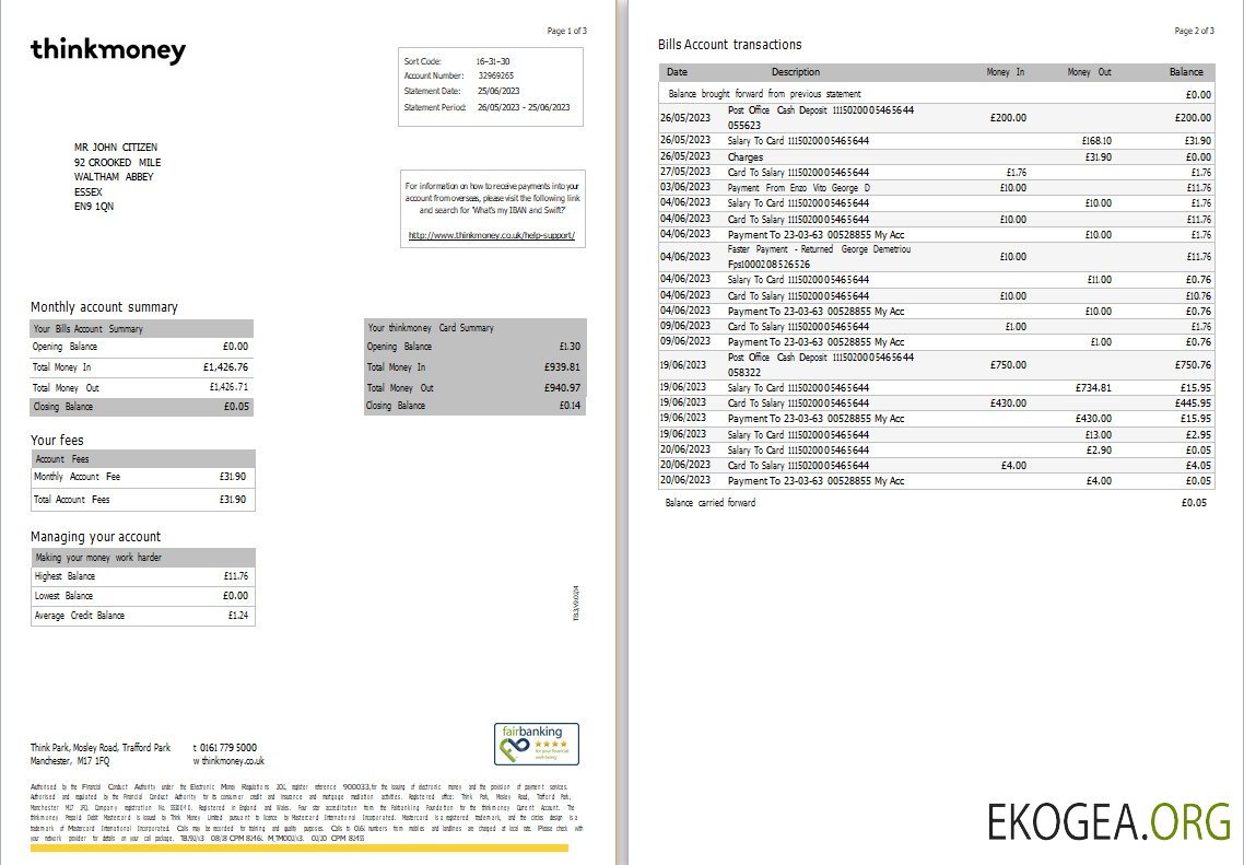 Modèle Word et PDF de relevé bancaire Think Money du Royaume Uni, 3 pages